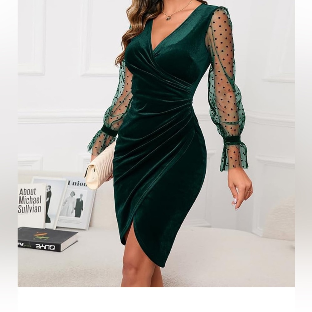 Dark Green Velvet Dress with Sheer Polka Dot Sleeves